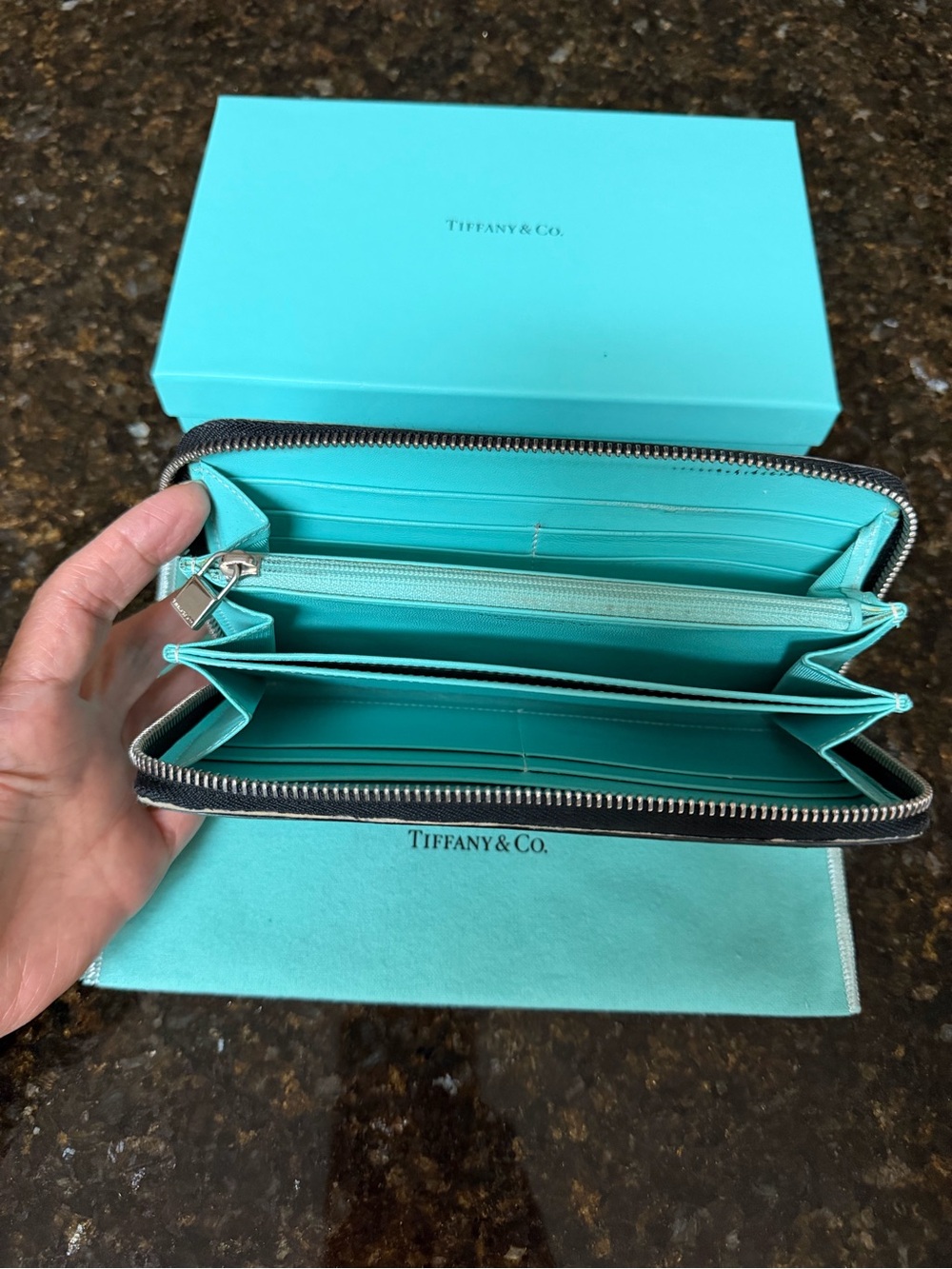 Tiffany & Co. Black Leather Zip Around Wallet with Silver Plaque - Picture 2 of 3